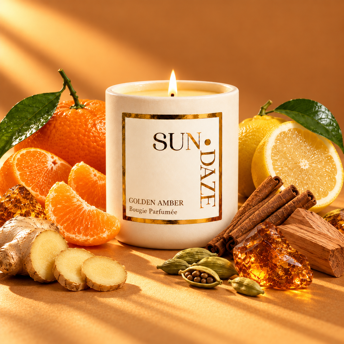 SUNDAZE GOLDEN AMBER CANDLE with scent-inspired ingredients in warm sunlight