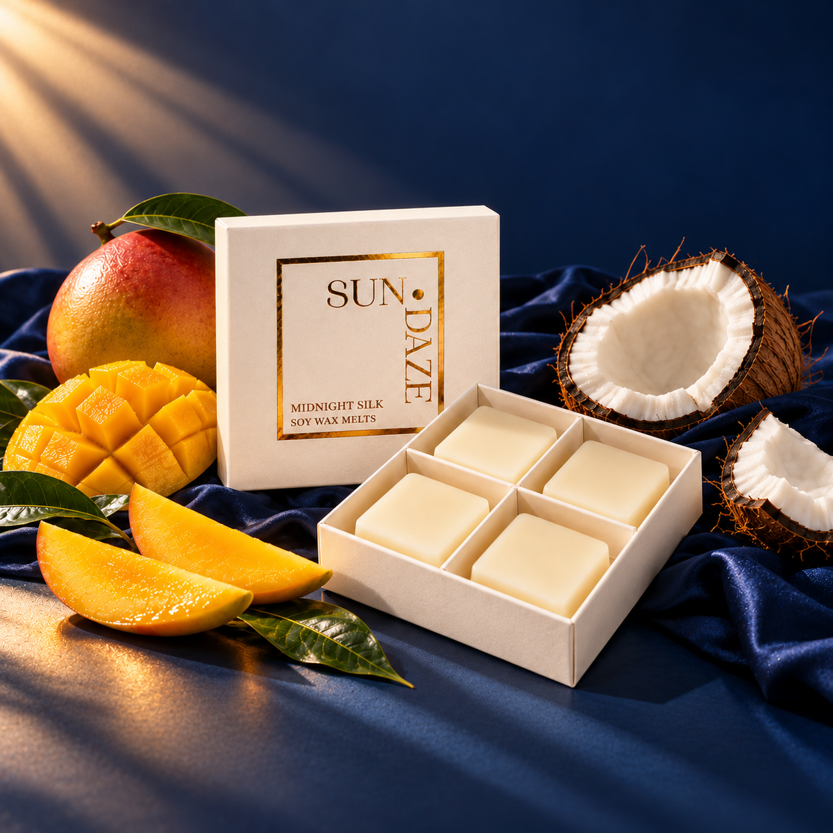 SUNDAZE MIDNIGHT SILK soy wax melts in an open four-piece box with scent-inspired props