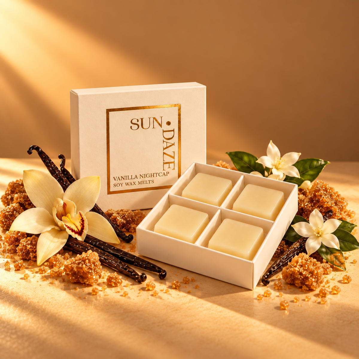 SUNDAZE VANILLA NIGHTCAP soy wax melts in an open four-piece box with scent-inspired props