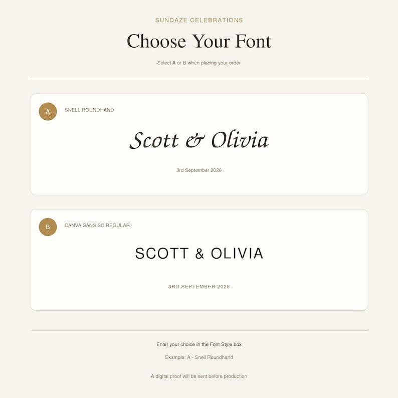 A font selection guide titled Sundaze Celebrations Choose Your Font. Option A displays the names Scott & Olivia in Snell Roundhand script with the date 3rd September 2026. Option B shows the names in Canva Sans SC Regular.