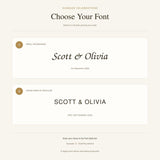 A font selection guide titled Sundaze Celebrations Choose Your Font. Option A displays the names Scott & Olivia in Snell Roundhand script with the date 3rd September 2026. Option B shows the names in Canva Sans SC Regular.
