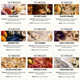 A grid of nine Sun Daze fragrance cards, each featuring a unique scent name, descriptive notes, and mood. The images display various elements like figs, pears, mangoes, flowers, silk fabrics, and glassware in warm, elegant colour palettes.
