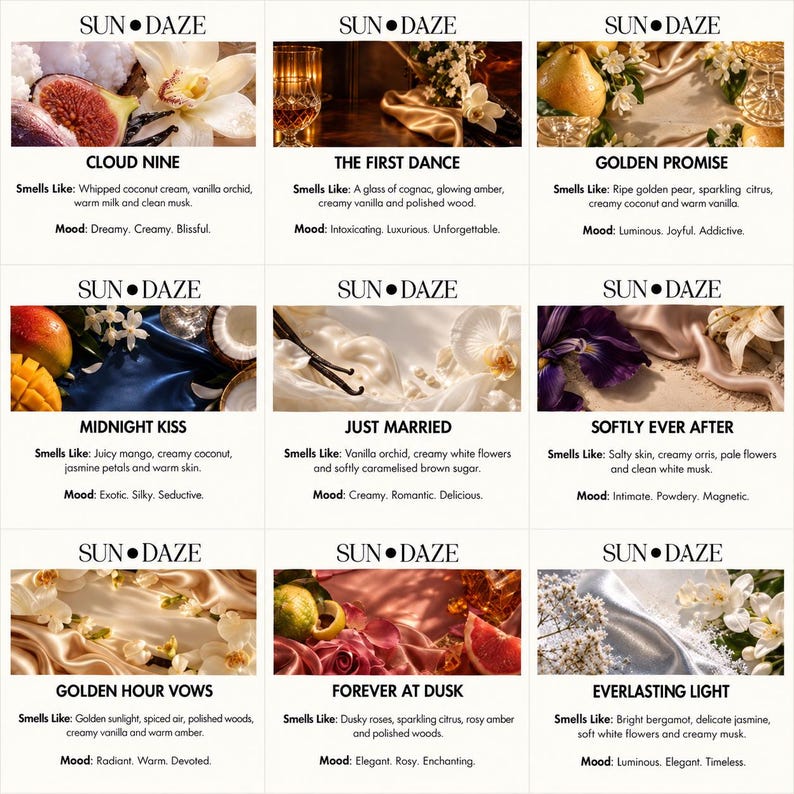 A grid of nine Sun Daze fragrance cards, each featuring a unique scent name, descriptive notes, and mood. The images display various elements like figs, pears, mangoes, flowers, silk fabrics, and glassware in warm, elegant colour palettes.