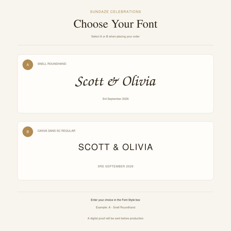 A font selection guide titled Sundaze Celebrations Choose Your Font. Option A displays the names Scott & Olivia in Snell Roundhand script with the date 3rd September 2026. Option B shows the names in Canva Sans SC Regular.