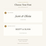 A font selection guide titled Sundaze Celebrations Choose Your Font. Option A displays Snell Roundhand with the text Scott & Olivia and 3rd September 2026. Option B displays Canva Sans SC Regular with the text SCOTT & OLIVIA and 3RD SEPTEMBER 2026.