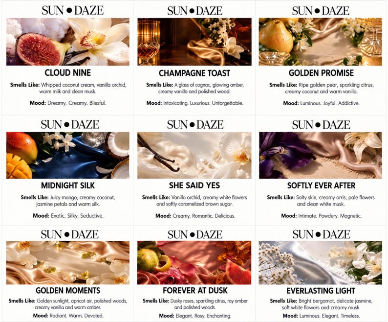 A grid of nine product labels for Sun Daze candles, each featuring a unique name, scent profile, and mood description. The labels display imagery of fruits, flowers, and fabrics, with text detailing notes like vanilla, mango, pear, and amber.