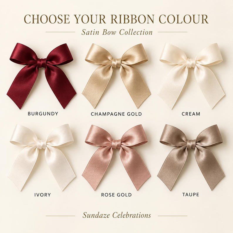 Six satin bows arranged in two rows, labelled CHOOSE YOUR RIBBON COLOUR and Satin Bow Collection. Colours include burgundy, champagne gold, cream, ivory, rose gold, and taupe. The bottom text reads Sundaze Celebrations.
