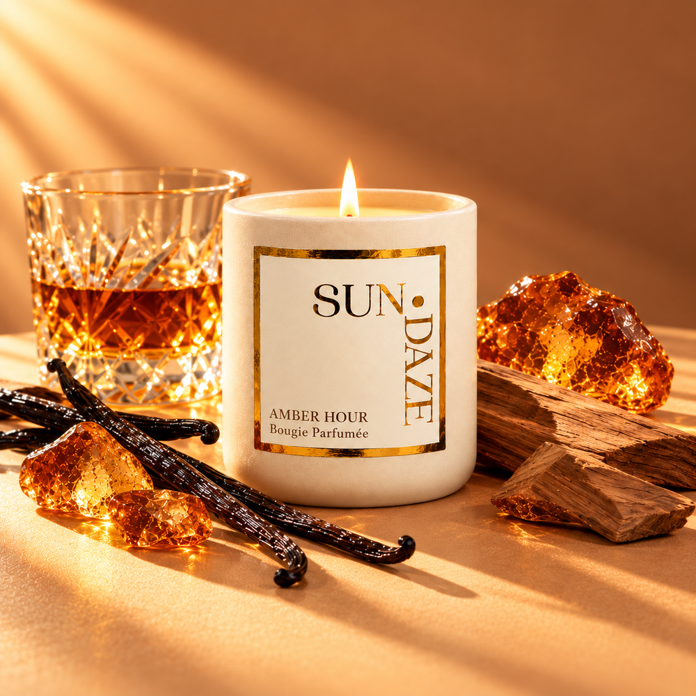 SUNDAZE AMBER HOUR CANDLE with scent-inspired ingredients in warm sunlight