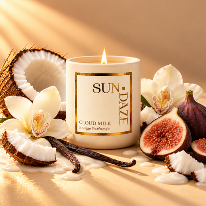 SUNDAZE CLOUD MILK CANDLE with scent-inspired ingredients in warm sunlight