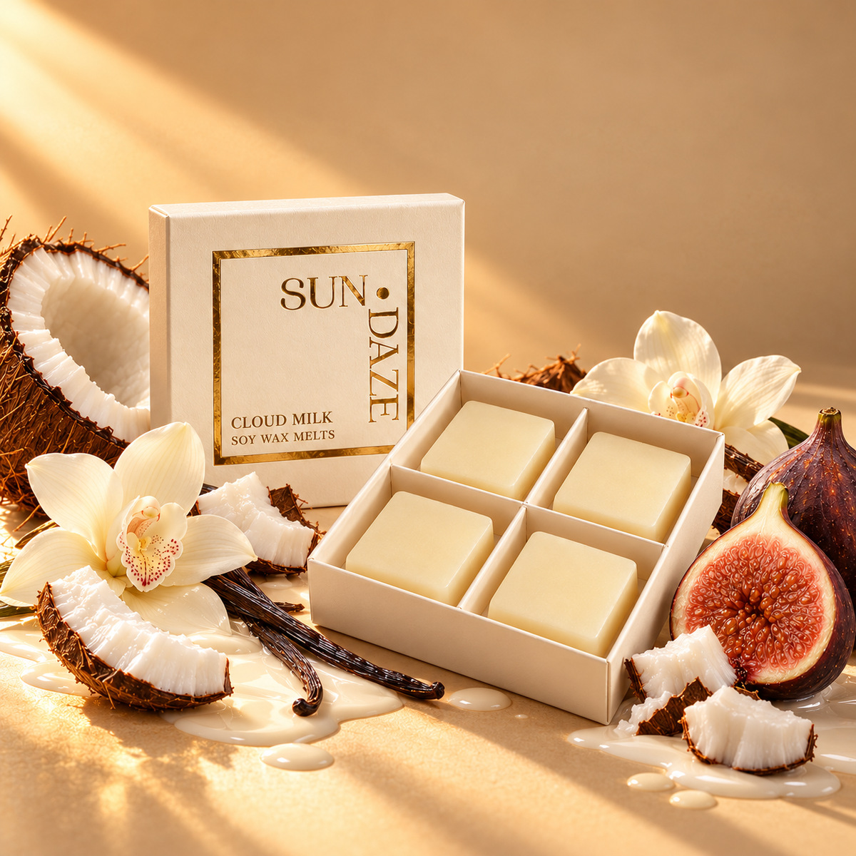 SUNDAZE CLOUD MILK soy wax melts in an open four-piece box with scent-inspired props