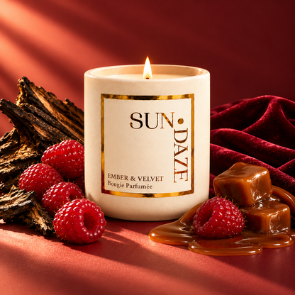 SUNDAZE EMBER & VELVET CANDLE with scent-inspired ingredients in warm sunlight