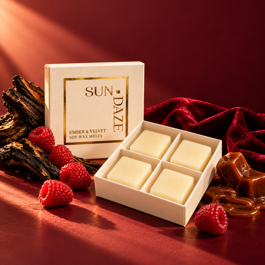 SUNDAZE Ember & Velvet soy wax melts in an open four-piece box with scent-inspired props