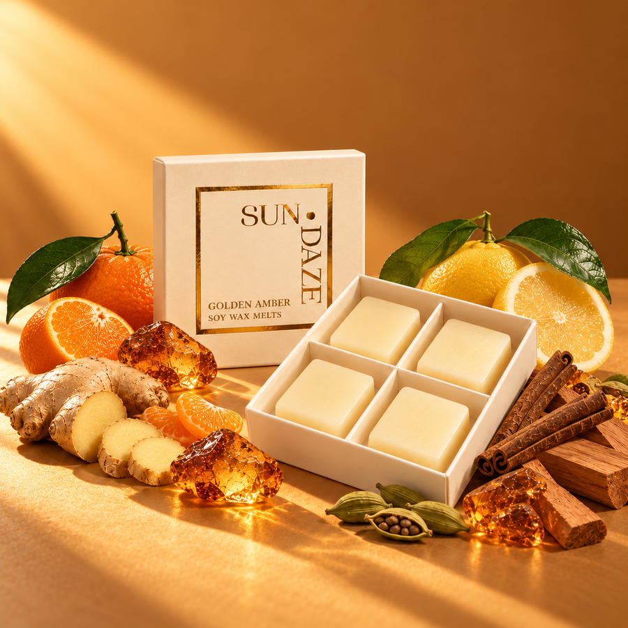 SUNDAZE Golden Amber soy wax melts in an open four-piece box with scent-inspired props