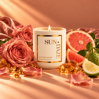 SUNDAZE GOLDEN DUSK CANDLE with scent-inspired ingredients in warm sunlight