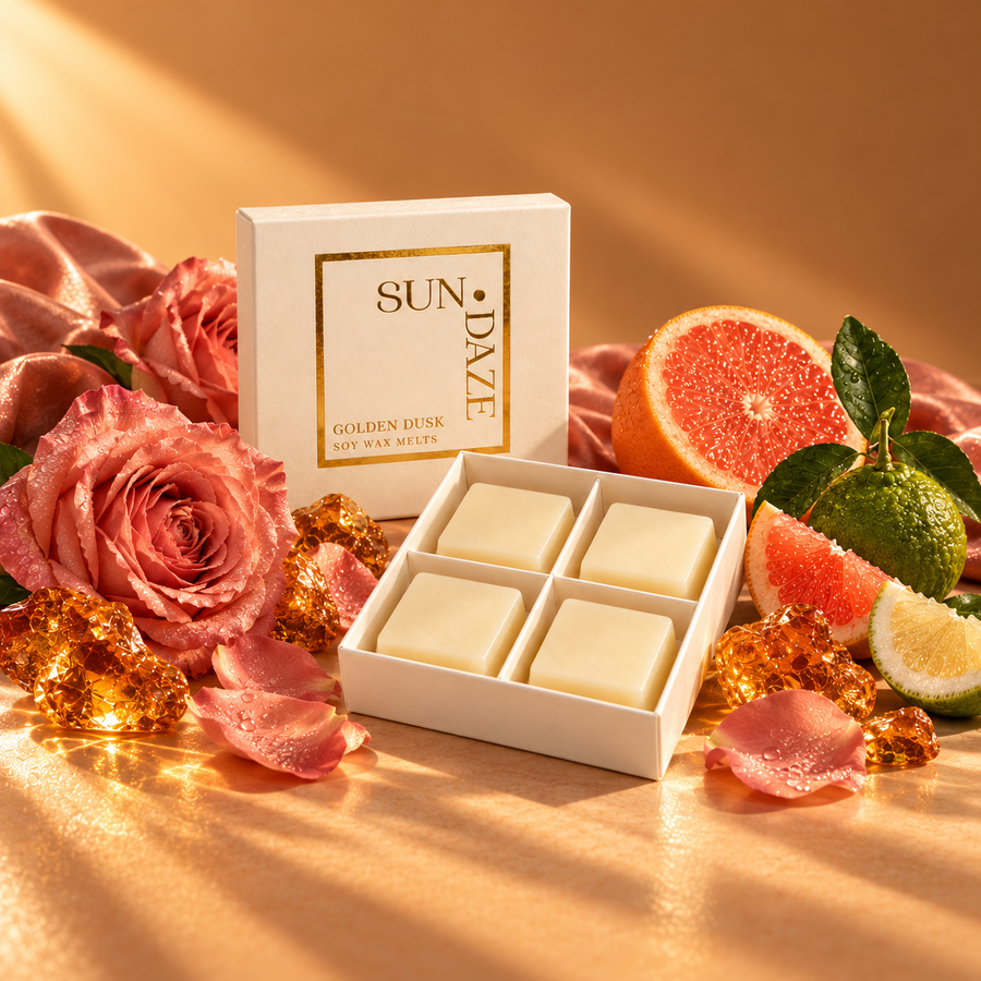 SUNDAZE GOLDEN DUSK soy wax melts in an open four-piece box with scent-inspired props