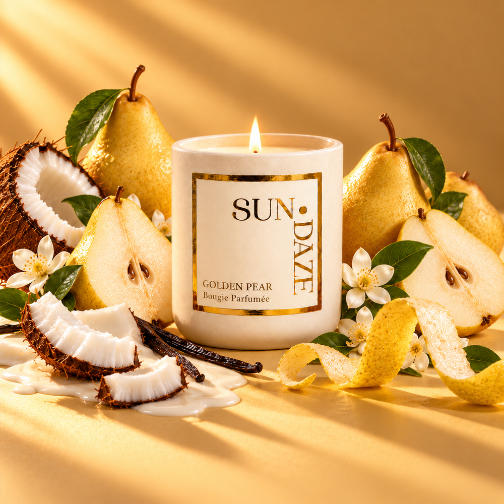 SUNDAZE GOLDEN PEAR CANDLE with scent-inspired ingredients in warm sunlight
