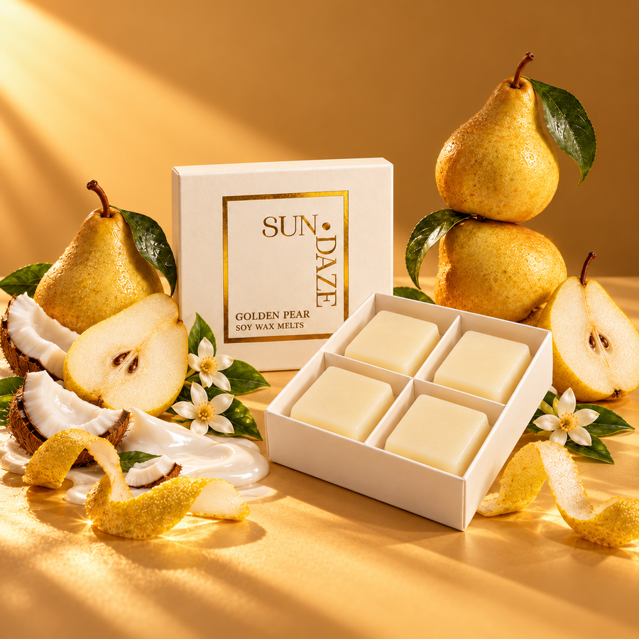 SUNDAZE Golden Pear soy wax melts in an open four-piece box with scent-inspired props