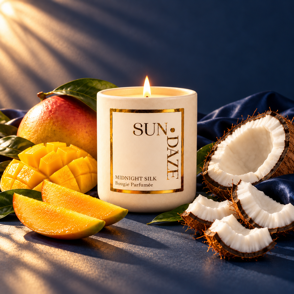 SUNDAZE MIDNIGHT SILK CANDLE with scent-inspired ingredients in warm sunlight