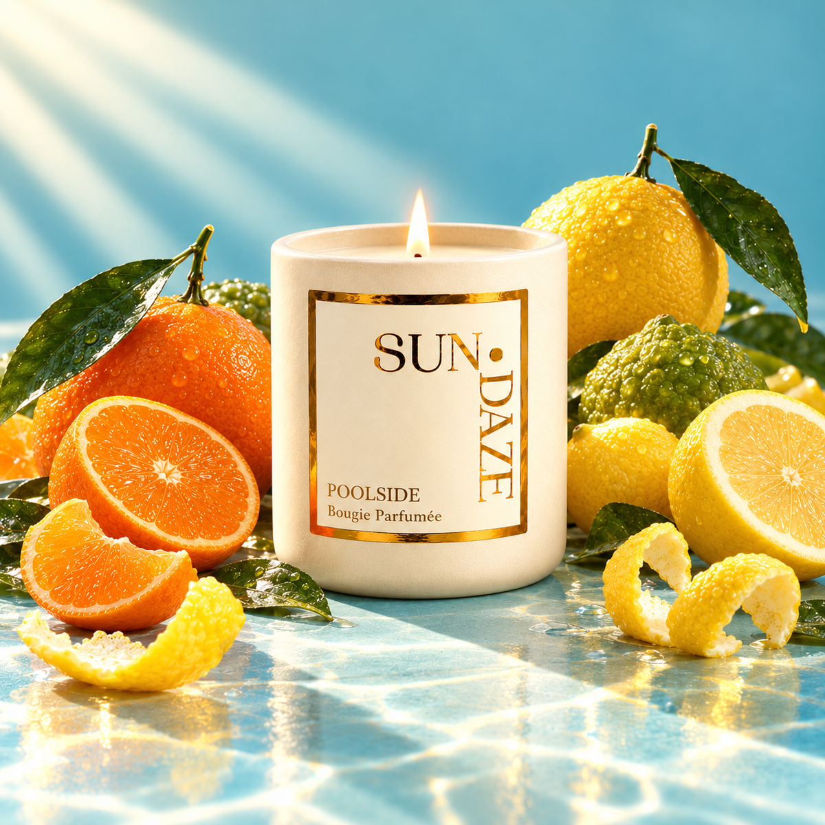 SUNDAZE POOLSIDE CANDLE with scent-inspired ingredients in warm sunlight