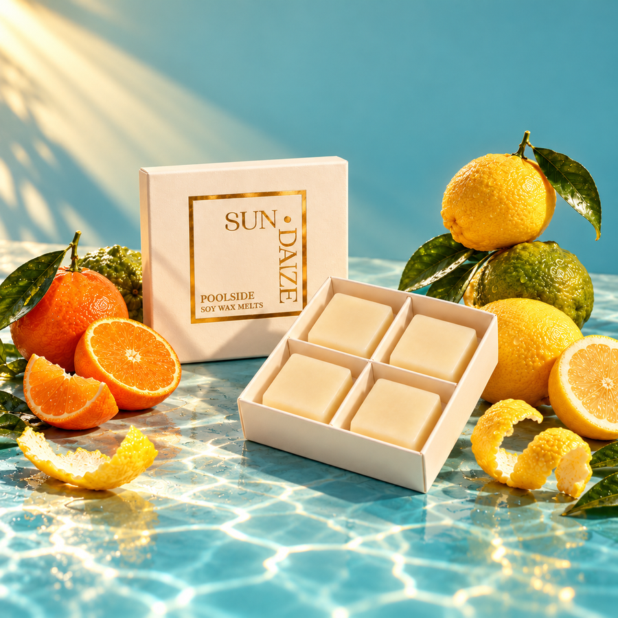 SUNDAZE Poolside soy wax melts in an open four-piece box with scent-inspired props