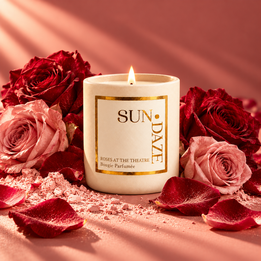 SUNDAZE ROSES AT THE THEATRE CANDLE with scent-inspired ingredients in warm sunlight