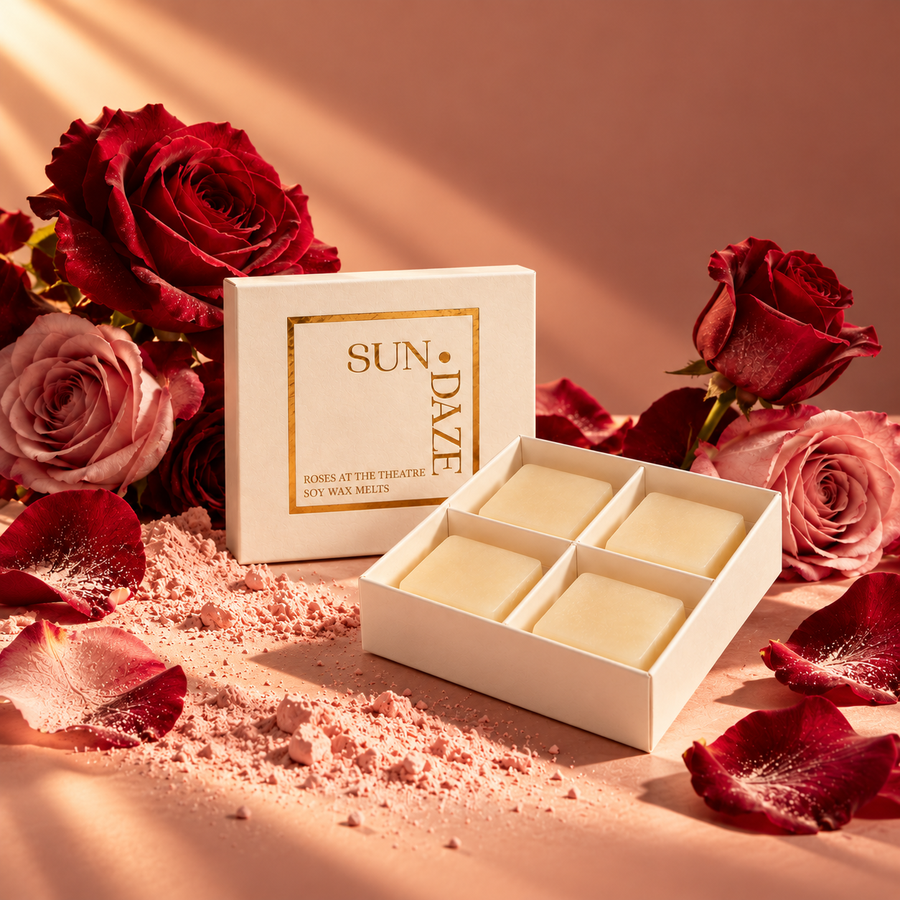 SUNDAZE Roses at the Theatre soy wax melts in an open four-piece box with scent-inspired props