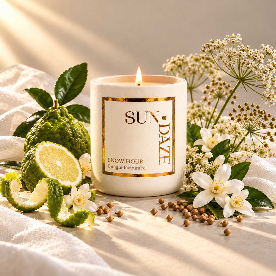 SUNDAZE Snow Hour candle with bergamot, white blossoms and seeds in warm sunlight