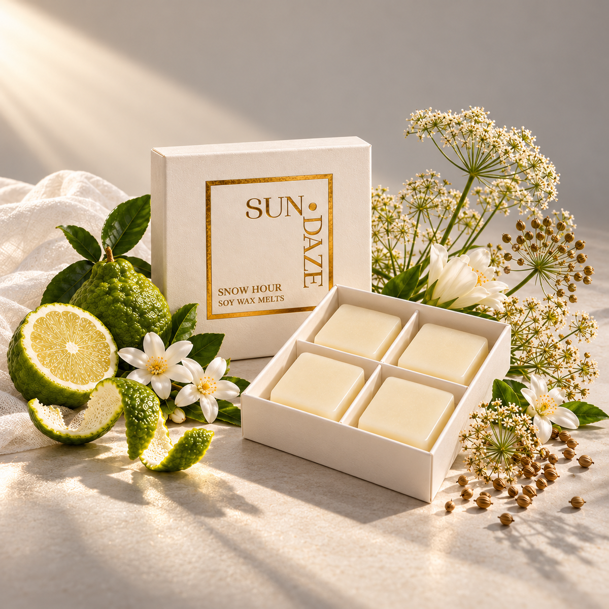 SUNDAZE SNOW HOUR soy wax melts in an open four-piece box with scent-inspired props