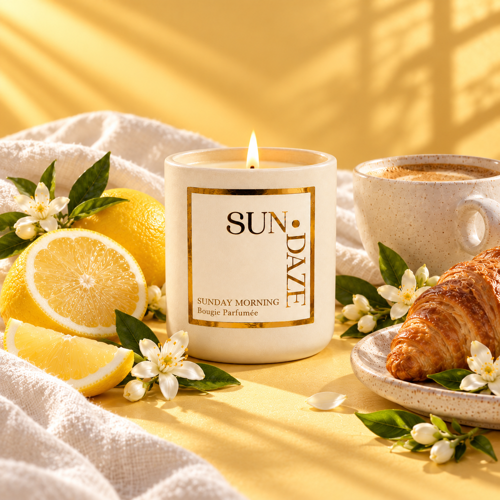 SUNDAZE SUNDAY MORNING CANDLE with scent-inspired ingredients in warm sunlight
