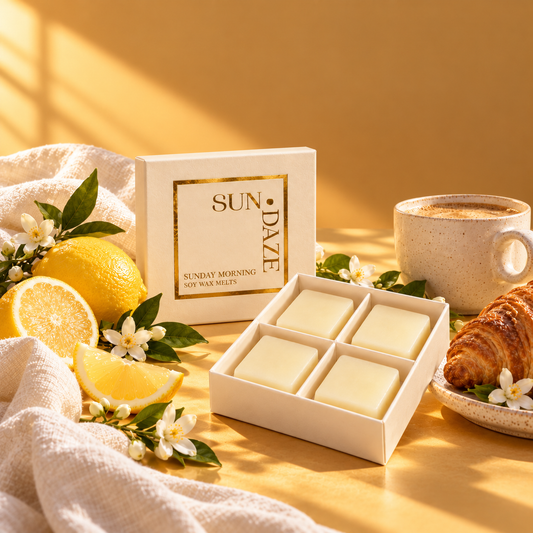 SUNDAZE Sunday Morning soy wax melts in an open four-piece box with scent-inspired props