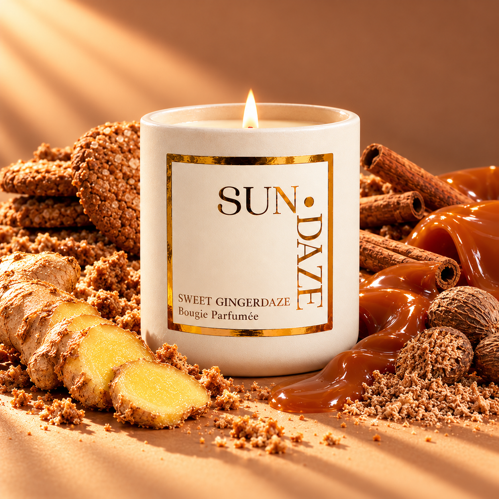 SUNDAZE Sweet Gingerdaze Candle with scent-inspired ingredients in warm sunlight