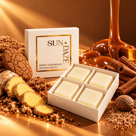 SUNDAZE Sweet Gingerdaze soy wax melts in an open four-piece box with scent-inspired props