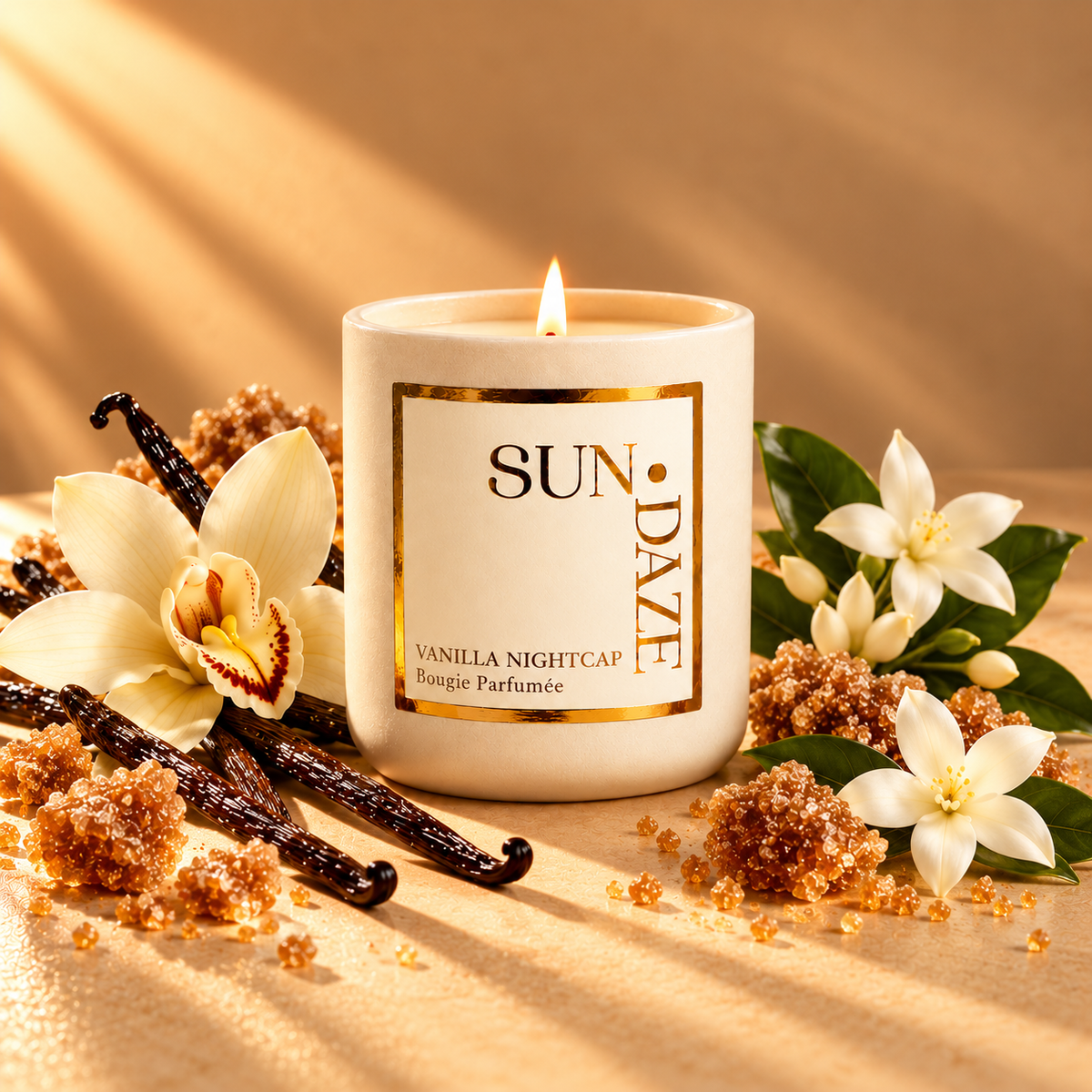 SUNDAZE VANILLA NIGHTCAP with scent-inspired ingredients in warm sunlight