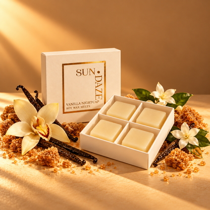 SUNDAZE VANILLA NIGHTCAP soy wax melts in an open four-piece box with scent-inspired props
