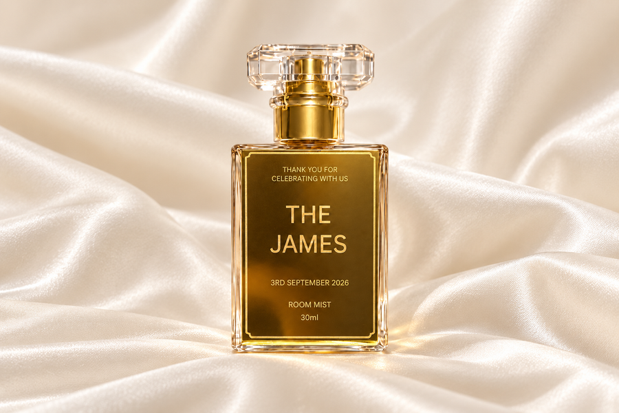 30ml Gold Plaque Room Mist Wedding Favours on draped ivory satin