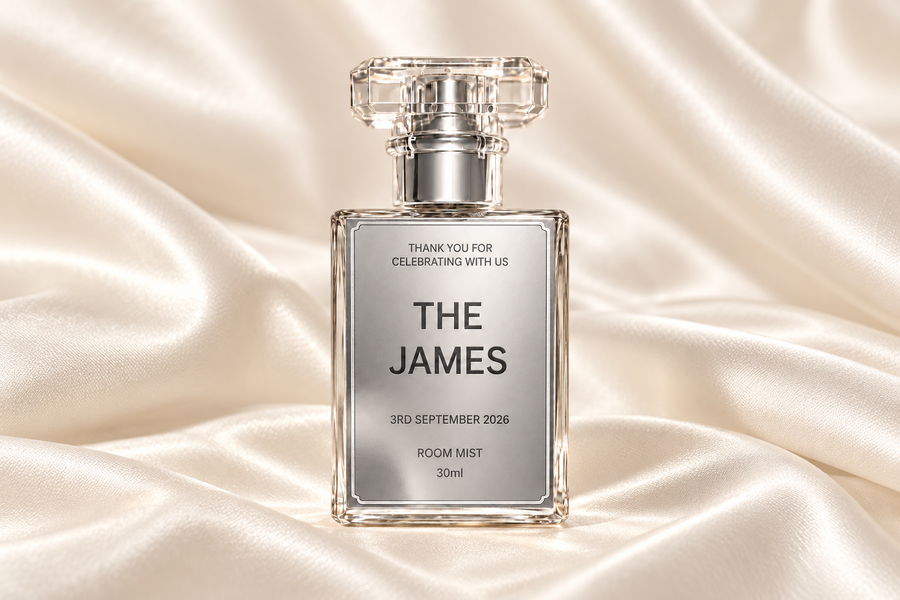 30ml Silver Plaque Room Mist Wedding Favours on draped ivory satin